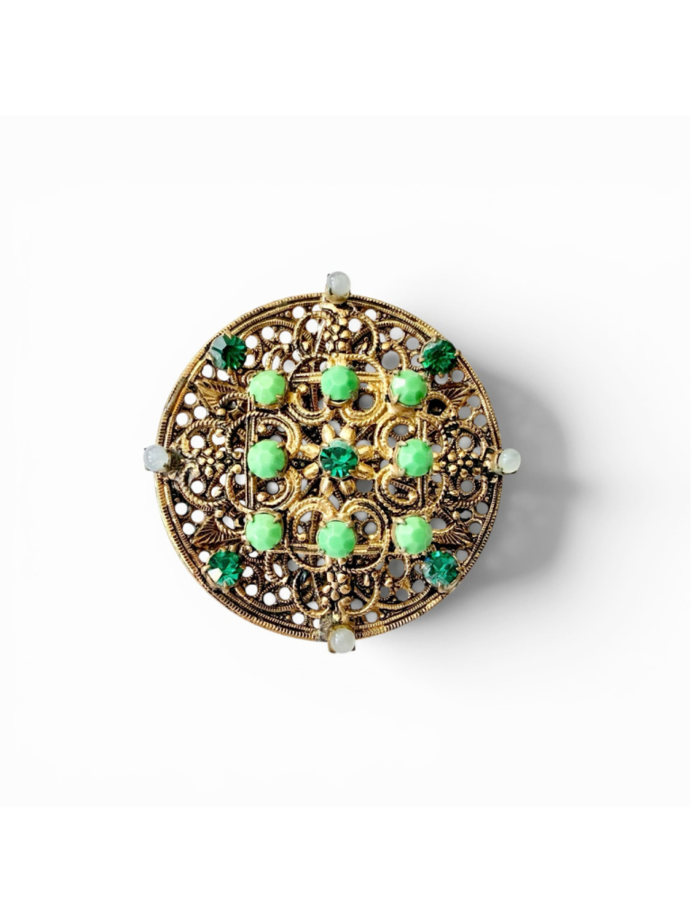 1930s Czech Filigree Brooch Green Glass Rhinestone Pin Gold Tone Openwork Disc